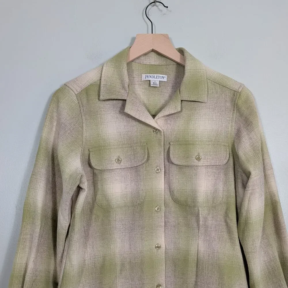 Pendleton Plaid Wool Button Shirt Womens S Green Vintage Top Collar Grunge USA - Picture 4 of 10